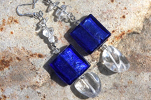 KapKa Design Cobalt Blue Silver Leaf Murano Glass and Rock Quartz Stone Sterling Silver Earrings