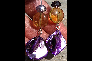 KapKa Design Citrine with Purple Mother of Pearl Chunk and Amethyst Swarovski Crystal Sterling Silver Earrings