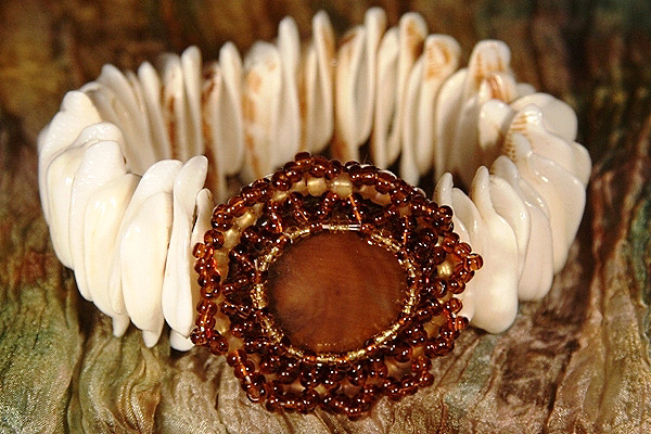 Natural Seashell Bracelet with Intricately Beaded Focal Stone