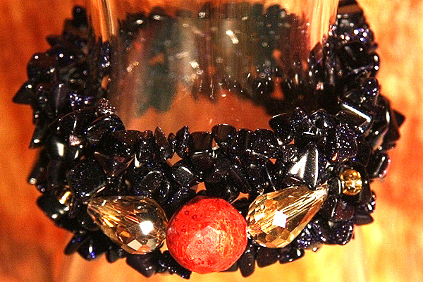 Dark Blue Goldstone Bracelet with Genuine Red Sponge Coral Ball