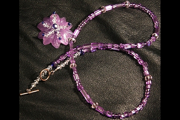 Purple Pink Jade Flower and Cobalt Blue Swarovski Crystal Necklace