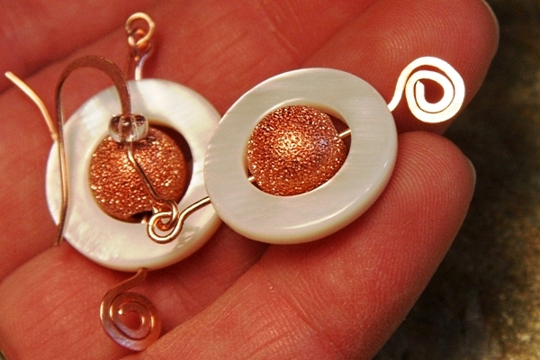 Moon Goddess New Age White Pearl Circle and Big Sparkle Copper Ball Earrings