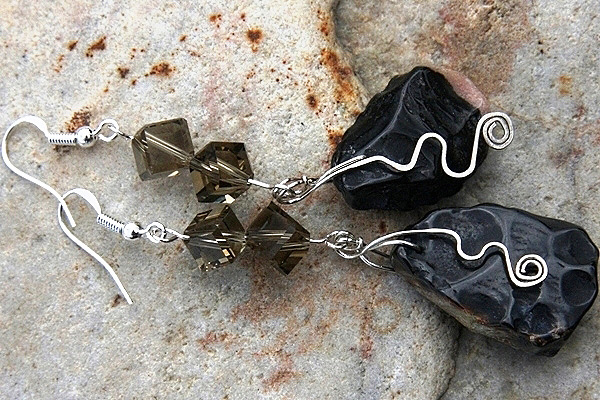 Rough Obsidian Stone and Smoky Quartz Cube Sterling Silver Wrapped Earrings