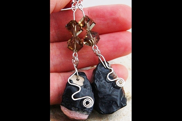 Rough Obsidian Stone and Smoky Quartz Cube Sterling Silver Wrapped Earrings