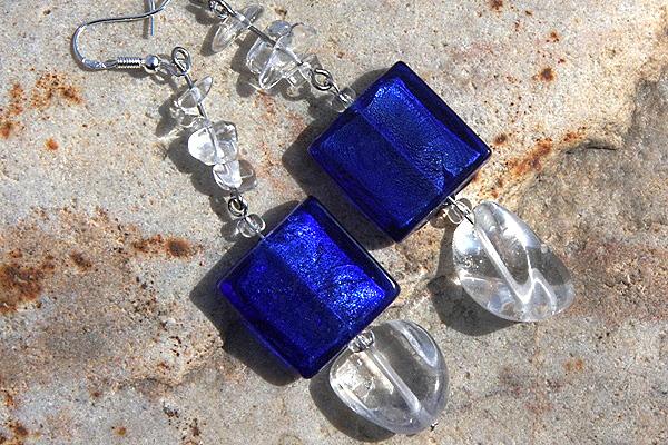 Cobalt Blue Silver Leaf Murano Glass and Rock Quartz Sterling Silver Earrings