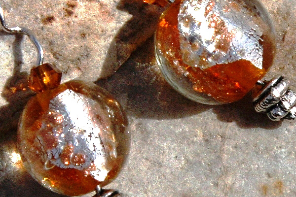 Amber Honey Silver Leaf Murano Glass Ball Sterling Silver Earrings