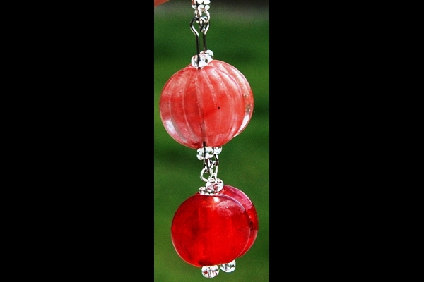 Carved Watermelon Quartz and Bright Red Lampwork Sterling Silver Earrings