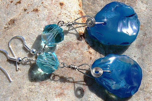 Chunky Rough Aqua Blue Agate Stone Sterling Silver Wrapped Earrings
