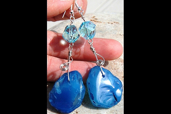 Chunky Rough Aqua Blue Agate Stone Sterling Silver Wrapped Earrings