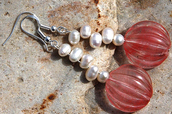 Carved Watermelon Quartz with Pearls Sterling Silver Earrings