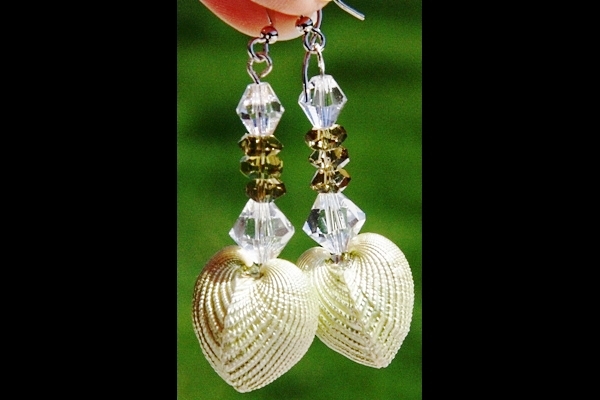 Fascinating Natural Pearlescent Shell and Olive Green Peridot Sterling Earrings