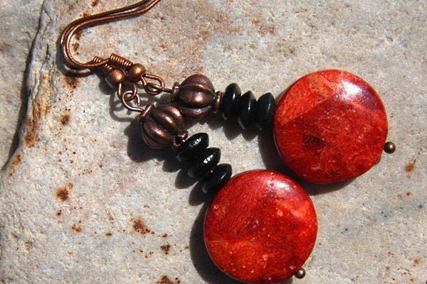 Sizzling Red Sponge Coral and Black Ebony Antiqued Copper Earrings