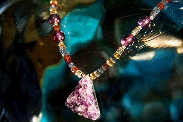 Rough Amethyst Crystal on Faceted Bohemian Art Glass Necklace