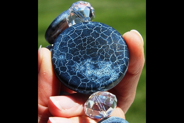 Frosted Blue Agate Gemstone Disc Necklace with Enormous Swarovski Rondelles