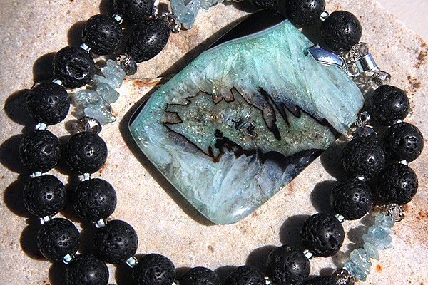 Wild Crystal Slice with Black Lava and Aquamarine Gemstone Necklace