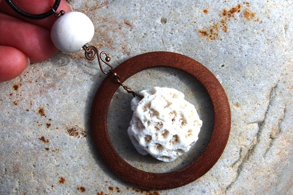 Natural White Coral in Mahogany Circle Necklace