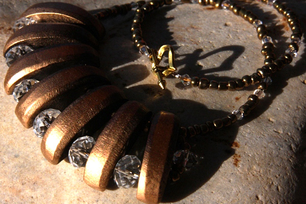Wood and Swarovski Crystal BOLD and GOLD WAVE Necklace