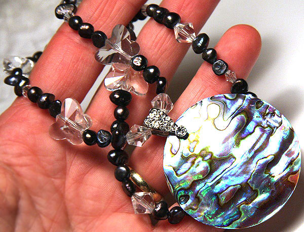 Paua Abalone and Black Peacock Pearl Necklace
