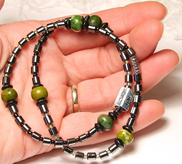 Unisex LOVE Necklace with Green Howlite and Metallic Hematite 