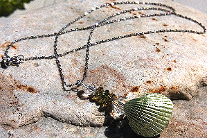 KapKa Design Petite Natural Pearlescent Shell and Olive Green Peridot with Swarovski Crystal Sterling Silver Necklace