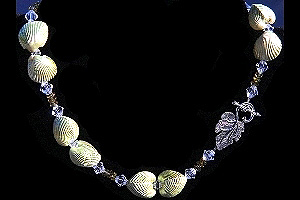 KapKa Design Natural Pearlescent Shell and Olive Green Peridot Swarovski Crystal Necklace XL