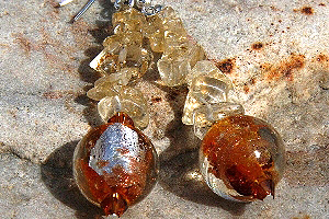 KapKa Design Amber Silver Leaf Murano Glass Ball with Citrine Sterling Silver Earrings