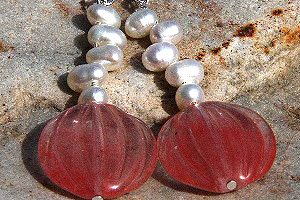 KapKa Design Carved Watermelon Quartz with Pearls Sterling Silver Earrings