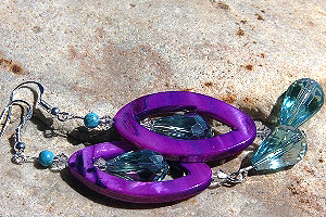 KapKa Design Bright Purple Mother of Pearl with Natural Turquoise and Aqua Swarovski Crystal Drop Sterling Silver Earrings