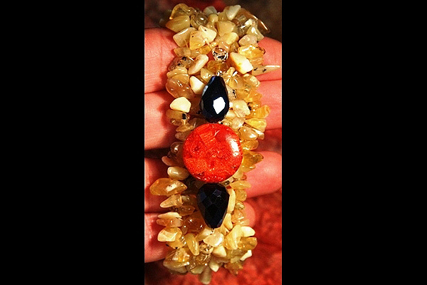 Natural Yellow Jade Bracelet with Red Sponge Coral Disc