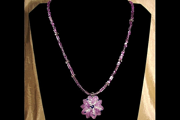 Purple Pink Jade Flower and Cobalt Blue Swarovski Crystal Necklace