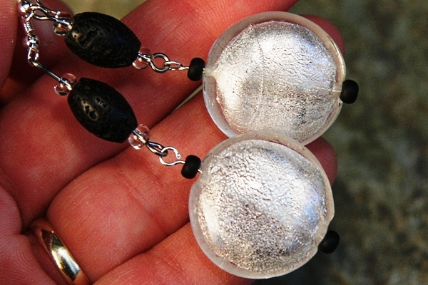 Big Beautiful Silver Leaf Murano Glass and Lava Stone Sterling Silver Earrings