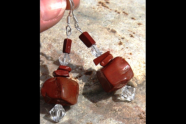 Red Jasper Rough Stone and Swarovski Crystal Sterling Silver Earrings