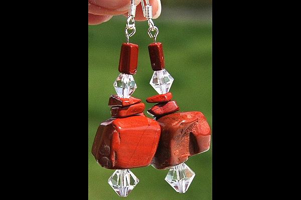 Red Jasper Rough Stone and Swarovski Crystal Sterling Silver Earrings