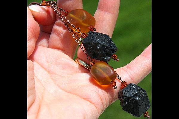 Amber Frosted Glass Chunks and Black Lava Stone Seesaw Copper Chain Earrings