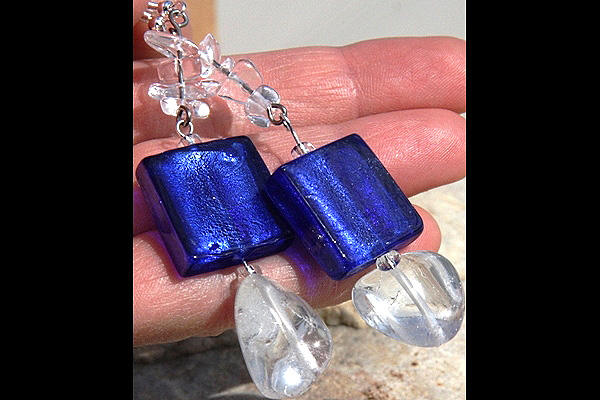 Cobalt Blue Silver Leaf Murano Glass and Rock Quartz Sterling Silver Earrings