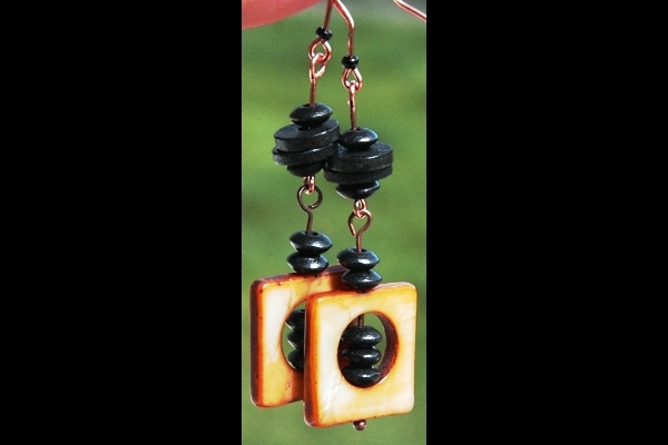 Large Golden Mother of Pearl and Black Ebony Wood Copper Earrings