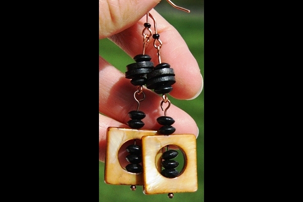 Large Golden Mother of Pearl and Black Ebony Wood Copper Earrings