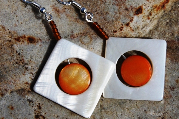 Zen White and Orange Mother of Pearl Sterling Silver Earrings