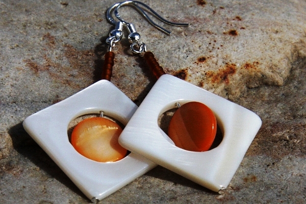 Zen White and Orange Mother of Pearl Sterling Silver Earrings