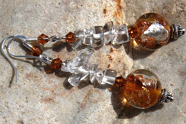 Amber Silver Leaf Murano Glass Ball and Rock Quartz Sterling Silver Earrings