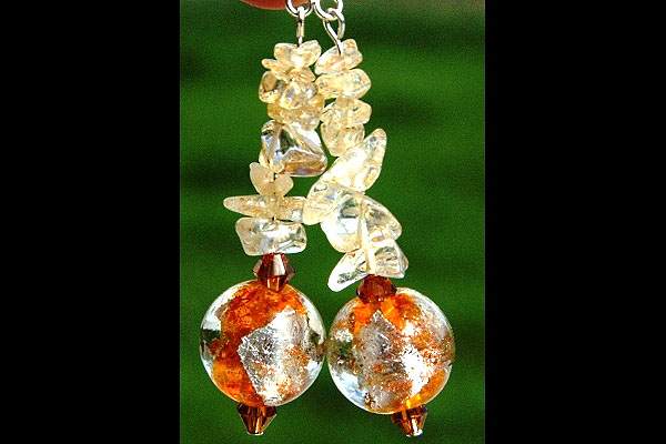 Citrine and Amber Silver Leaf Murano Glass Ball Sterling Silver Earrings