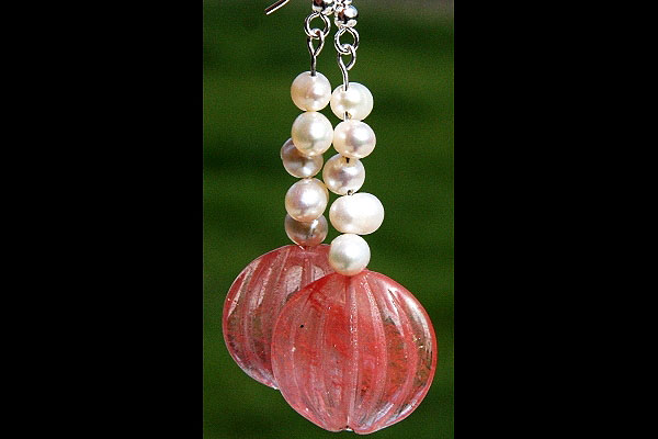 Carved Watermelon Quartz with Pearls Sterling Silver Earrings