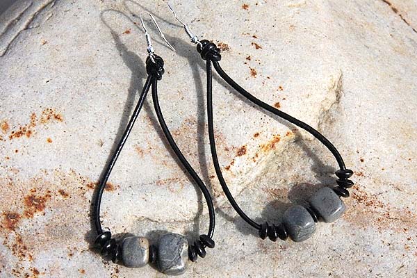 Beautiful Natural Jasper Stones on XL Black Leather Hoops | Sterling Earrings