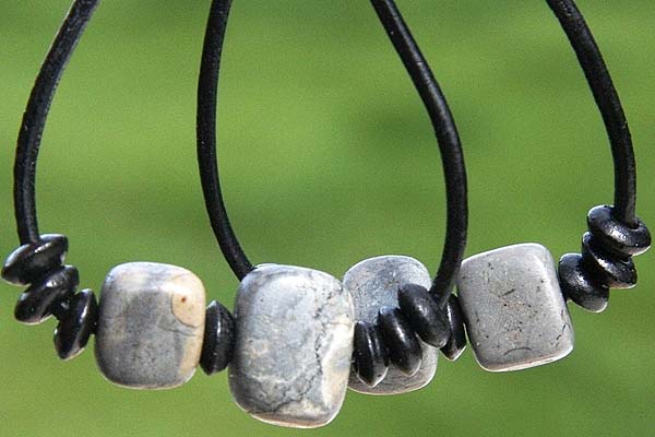 Beautiful Natural Jasper Stones on XL Black Leather Hoops | Sterling Earrings