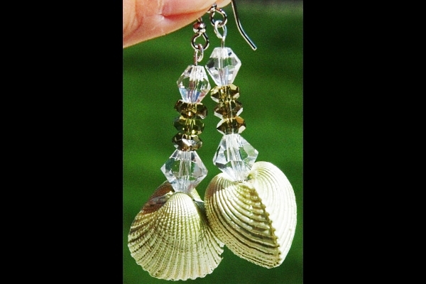 Fascinating Natural Pearlescent Shell and Olive Green Peridot Sterling Earrings