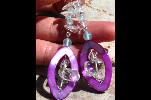 Bright Purple Mother of Pearl with Natural Larimar and Rock Quartz Earrings