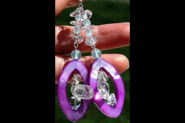 Bright Purple Mother of Pearl with Natural Larimar and Rock Quartz Earrings