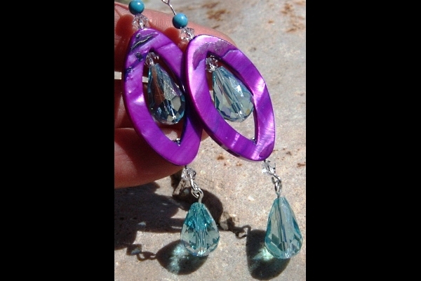 HOT Purple Mother of Pearl with Turquoise and Aqua Swarovski Crystal Drops
