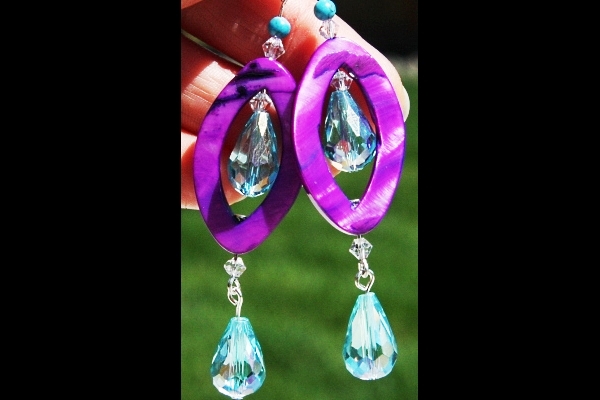 HOT Purple Mother of Pearl with Turquoise and Aqua Swarovski Crystal Drops