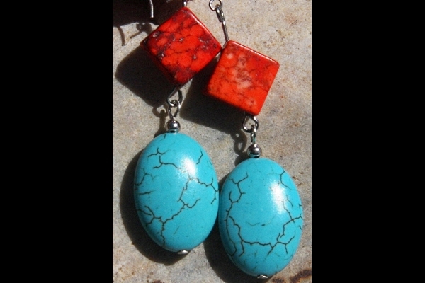Stunning Bright Red and Natural Blue Turquoise Gemstone Sterling Silver Earrings